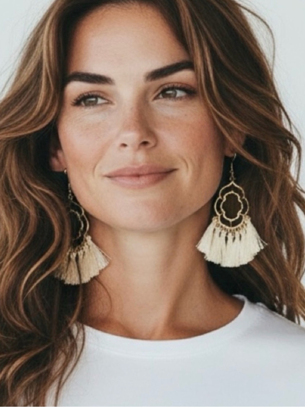 Gold Tassel Drop Earrings with Cream Fringe